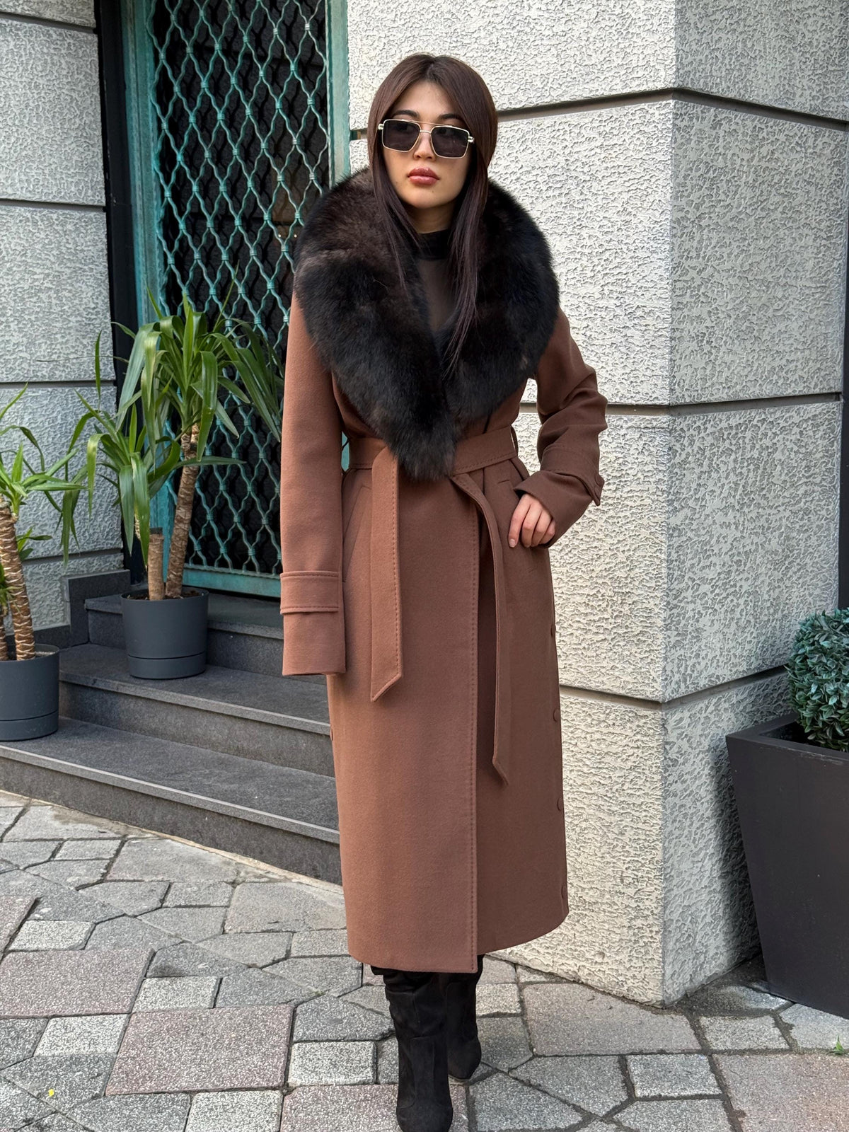 Brown Long Cashmere Collar Fox Fur Coat, Women Fox Fur Jacket. - Brown Fox Fur Jacket