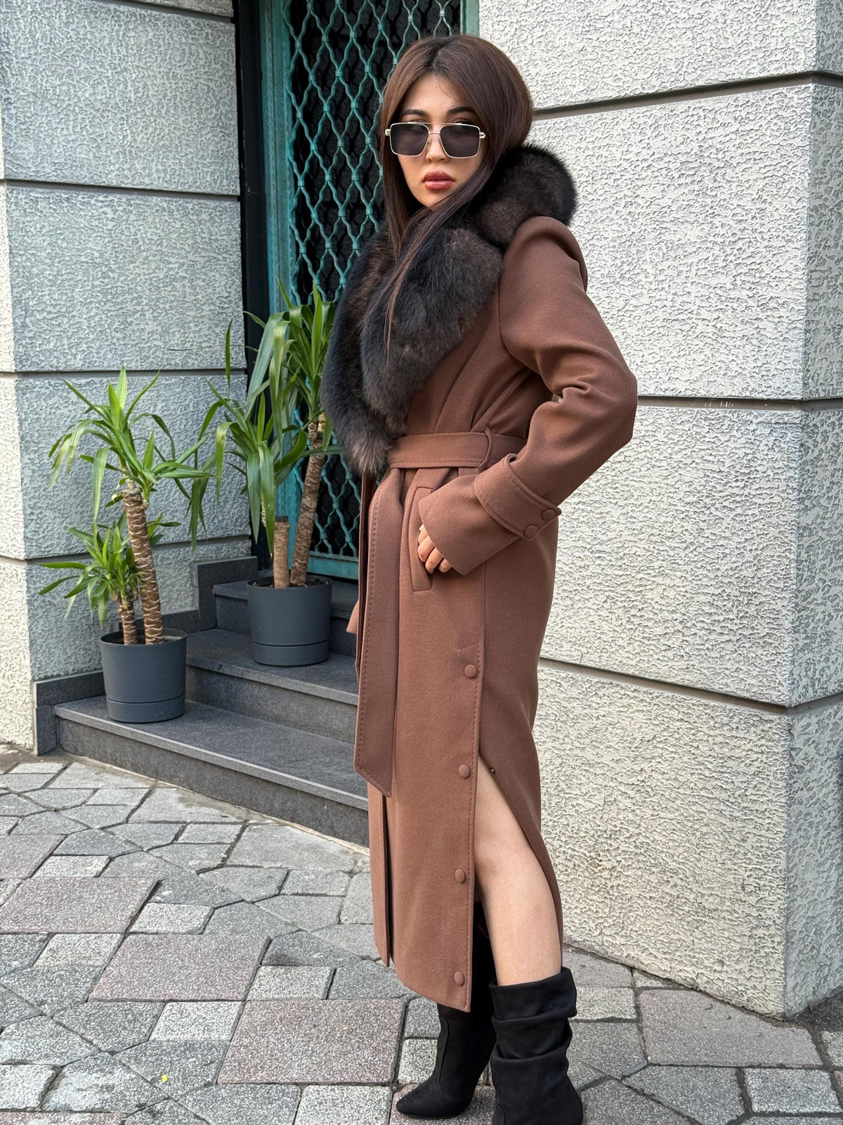 Brown Long Cashmere Collar Fox Fur Coat, Women Fox Fur Jacket. - Brown Fox Fur Jacket