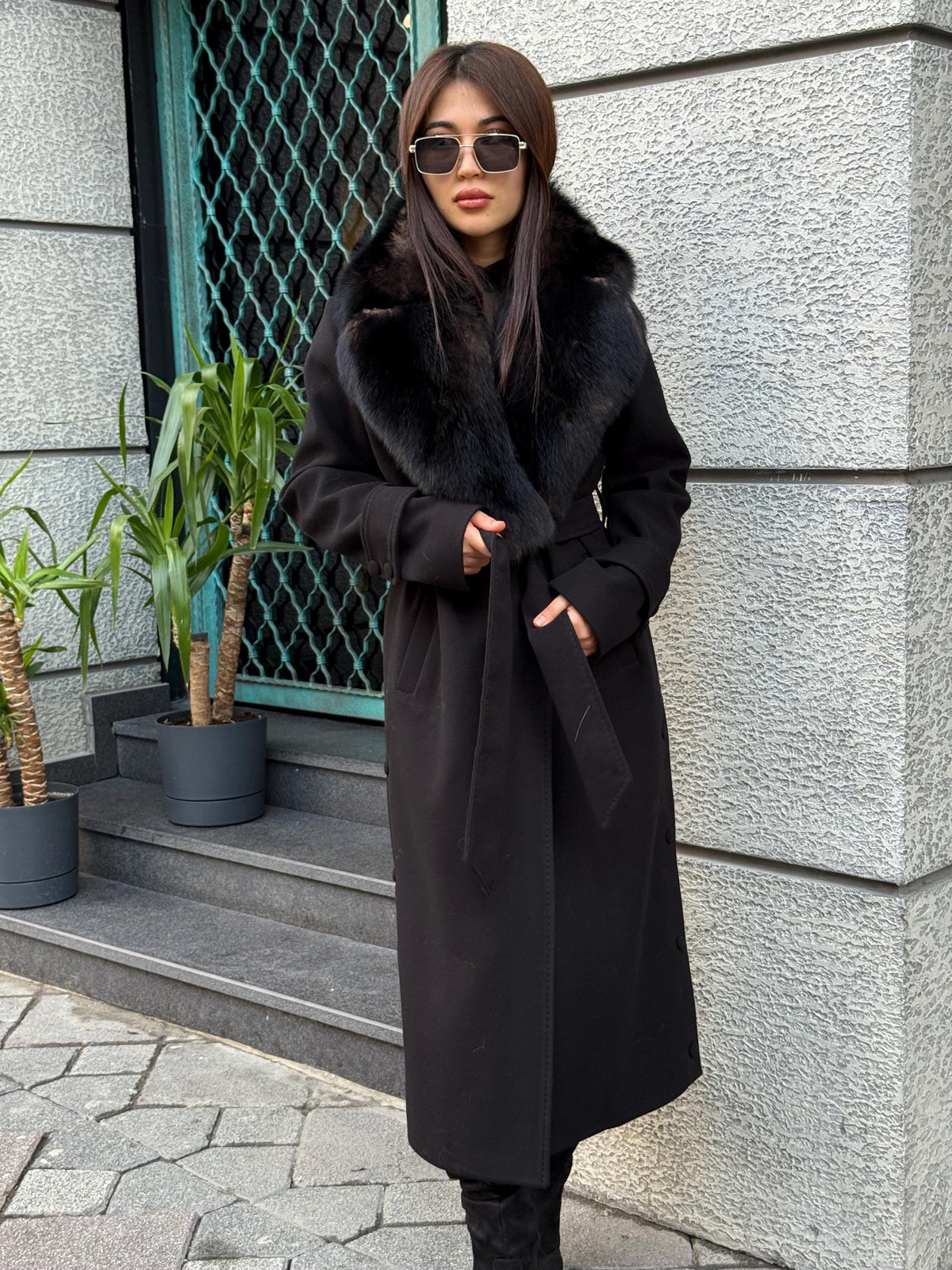 Black Cashmere Collar Fox Fur Coat - Women Collar Fox Fur Jacket - Black Fox Fur Trim Jacket - Collar Fox Fur Cape
