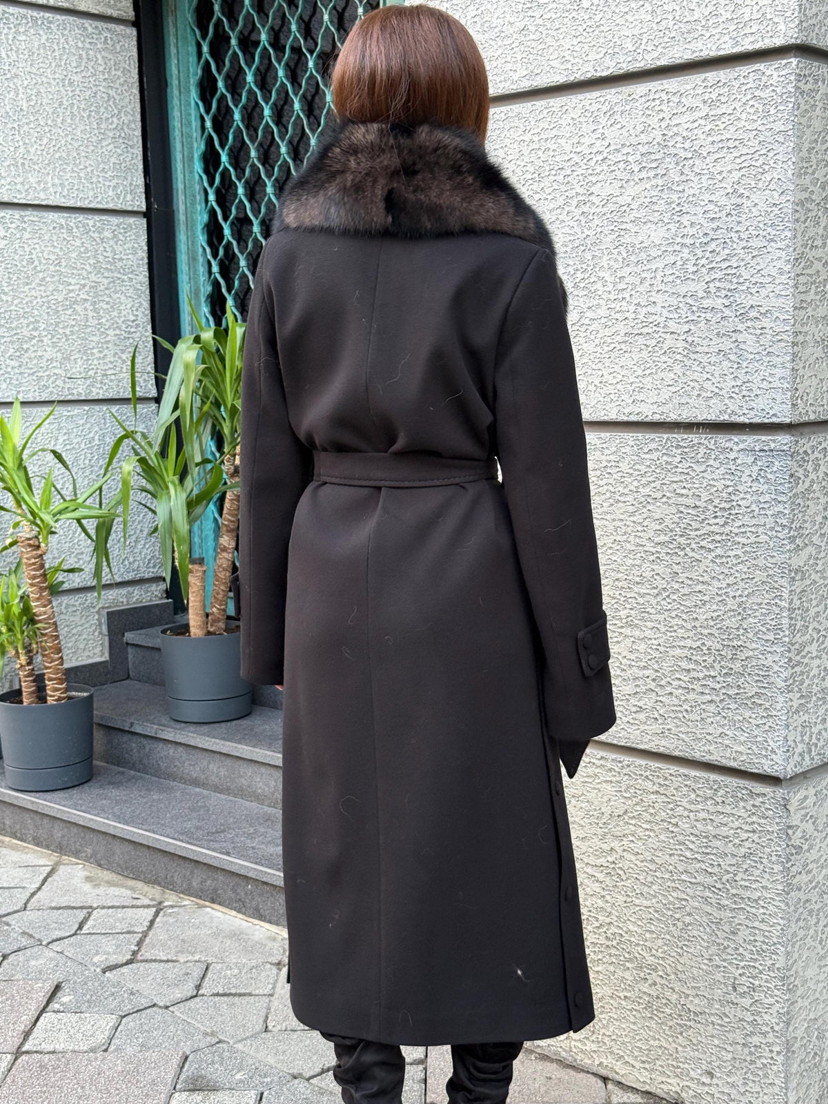 Black Cashmere Collar Fox Fur Coat - Women Collar Fox Fur Jacket - Black Fox Fur Trim Jacket - Collar Fox Fur Cape