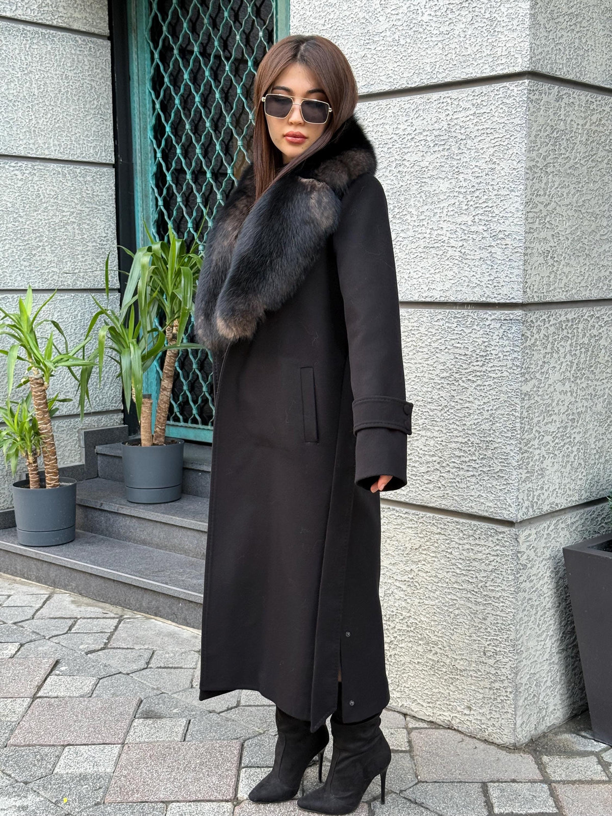 Black Cashmere Collar Fox Fur Coat - Women Collar Fox Fur Jacket - Black Fox Fur Trim Jacket - Collar Fox Fur Cape