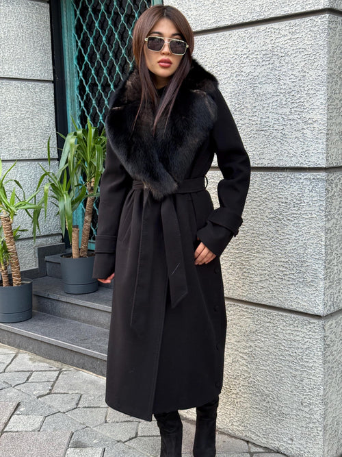 Black Cashmere Collar Fox Fur Coat - Women Collar Fox Fur Jacket - Black Fox Fur Trim Jacket - Collar Fox Fur Cape