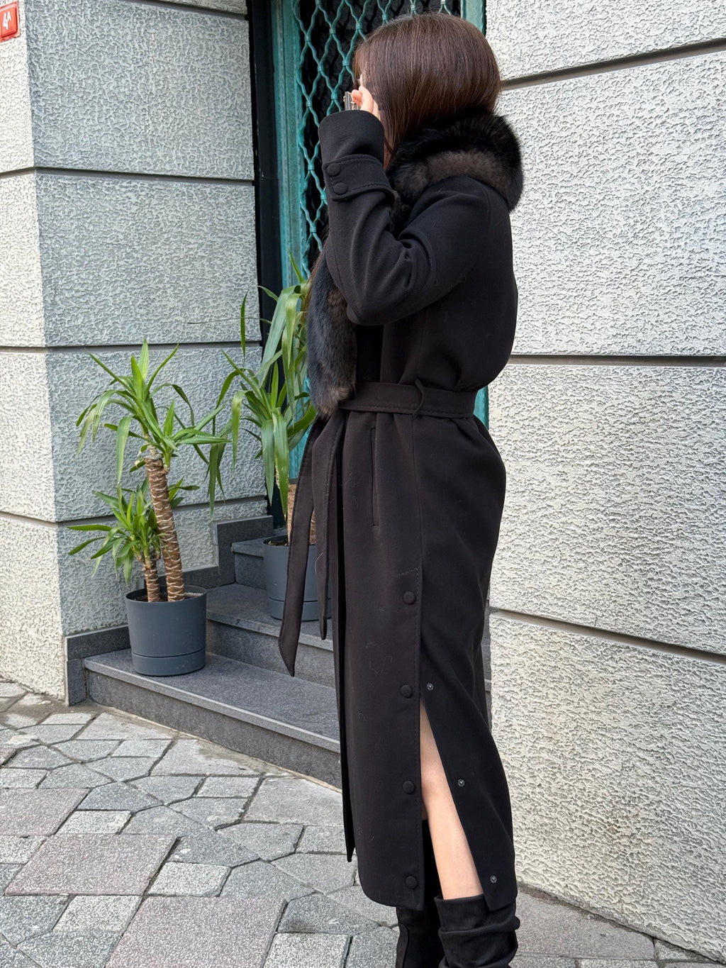Black Cashmere Collar Fox Fur Coat - Women Collar Fox Fur Jacket - Black Fox Fur Trim Jacket - Collar Fox Fur Cape