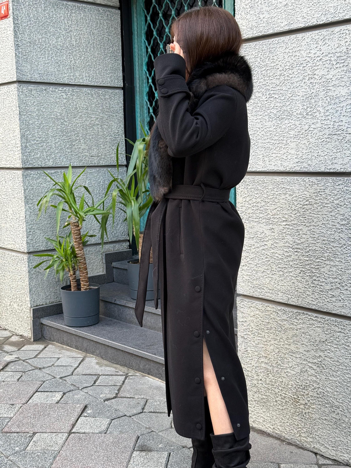 Black Cashmere Collar Fox Fur Coat - Women Collar Fox Fur Jacket - Black Fox Fur Trim Jacket - Collar Fox Fur Cape