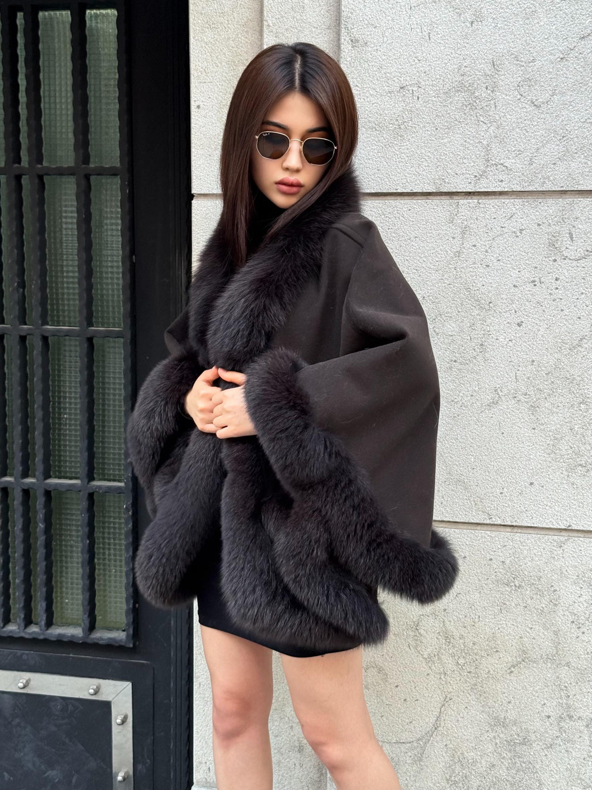 Black Cashmere Cape , Front Pocket - Fox Fur Jacket, Handmade Wool Shawl,