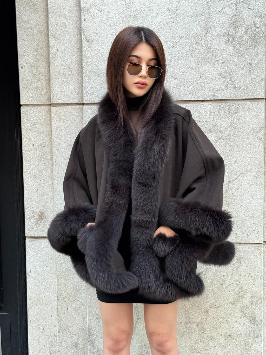 Black Cashmere Cape , Front Pocket - Fox Fur Jacket, Handmade Wool Shawl,