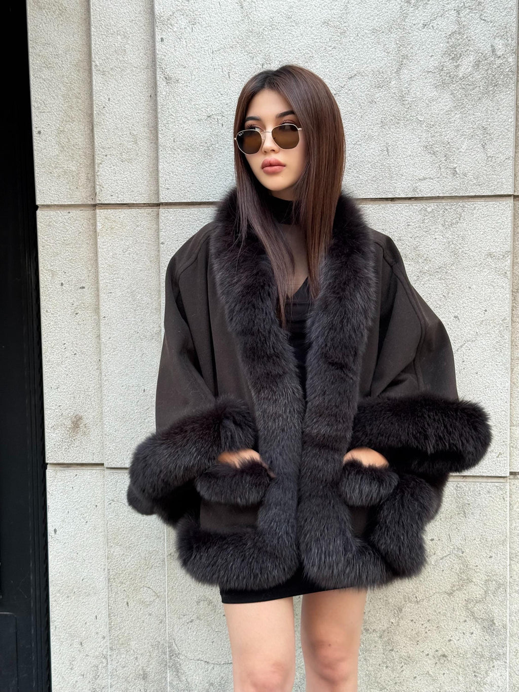 Black Cashmere Cape , Front Pocket - Fox Fur Jacket, Handmade Wool Shawl,