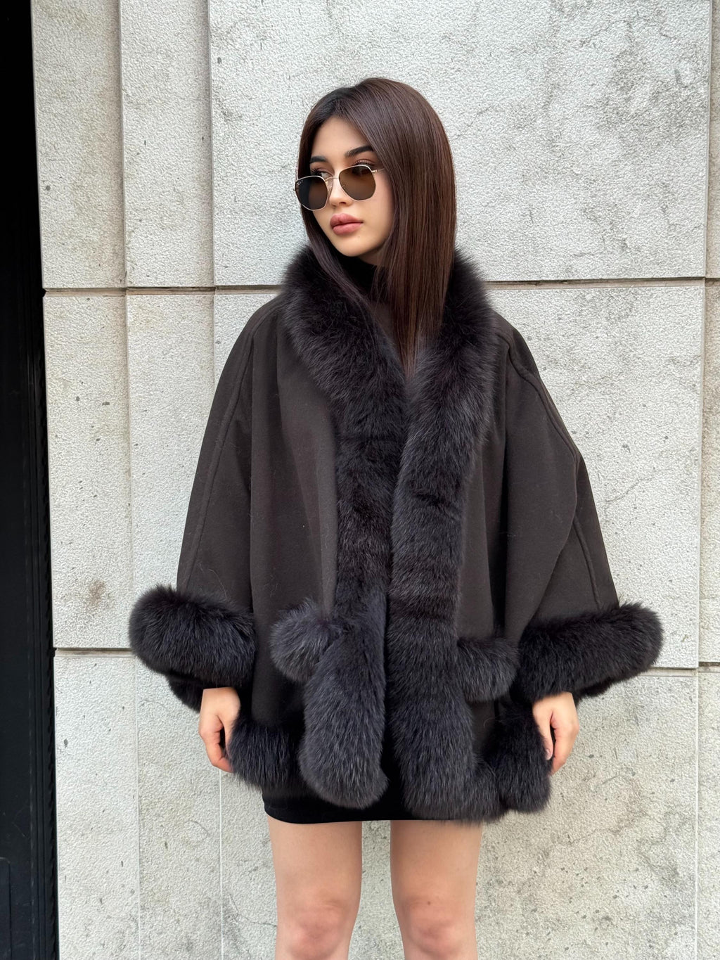 Black Cashmere Cape , Front Pocket - Fox Fur Jacket, Handmade Wool Shawl,