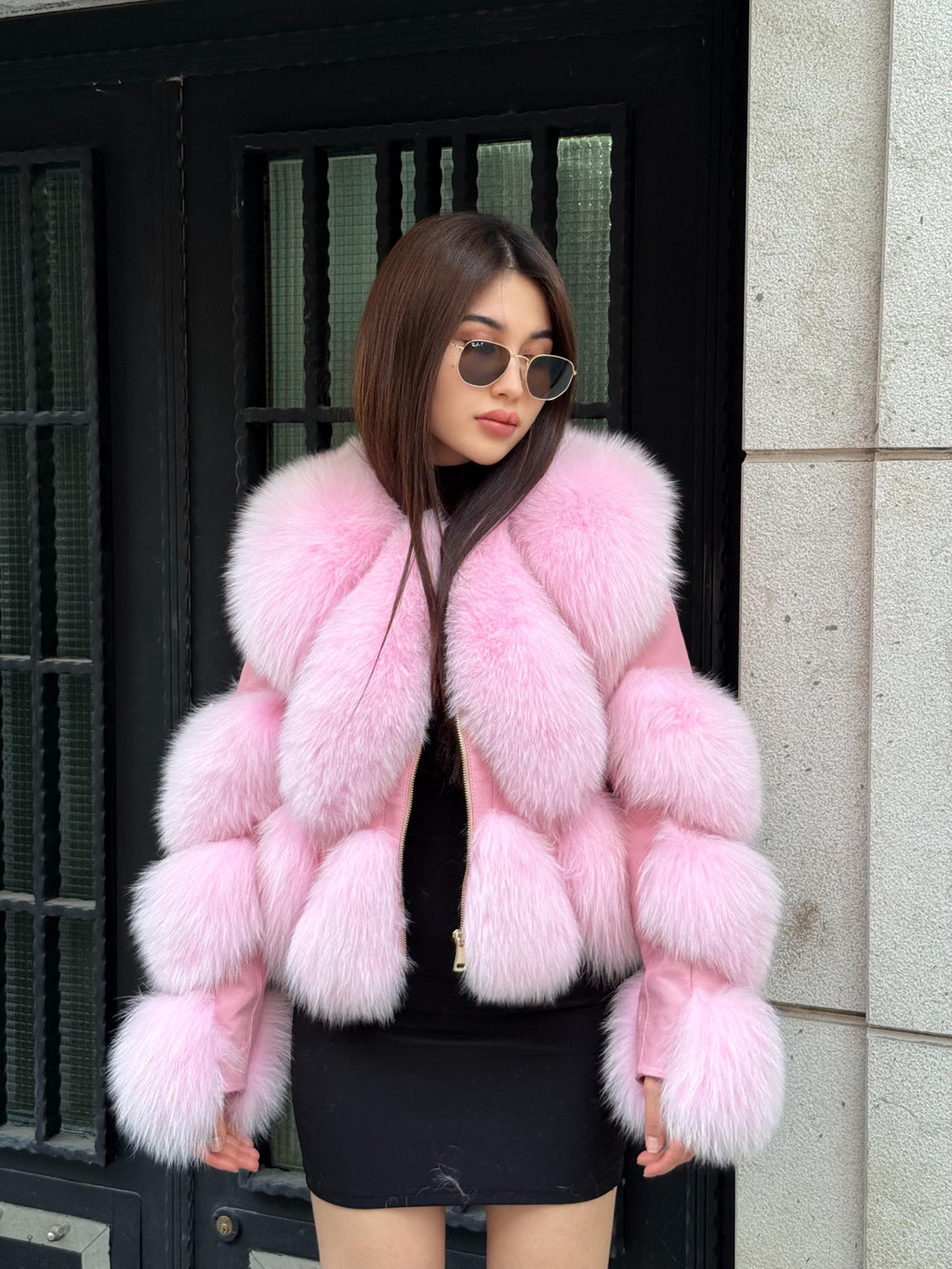 Pink Fox Fur Jacket, Women’s Handmade Short Leather Fur Trim Coat