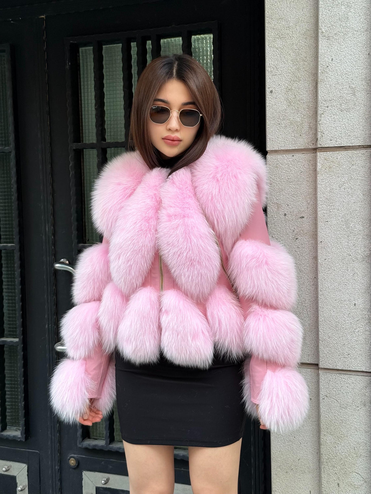 Pink Fox Fur Jacket, Women’s Handmade Short Leather Fur Trim Coat