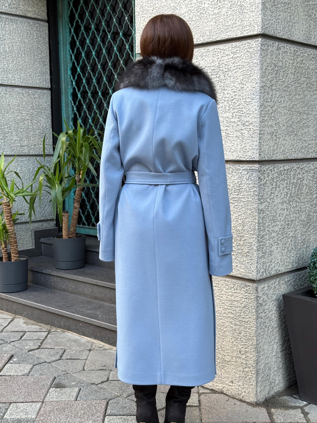 Sky Blue Luxury Cashmere Coat With Fox Fur Trim | Collar Fox Fur Coat | Handmade Plus Size Long Belted Wool Coat For Women, Fox Fur Coat