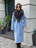 Sky Blue Luxury Cashmere Coat With Fox Fur Trim | Collar Fox Fur Coat | Handmade Plus Size Long Belted Wool Coat For Women, Fox Fur Coat