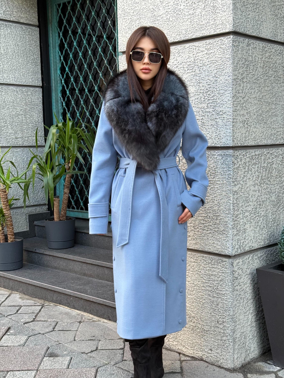 Sky Blue Luxury Cashmere Coat With Fox Fur Trim | Collar Fox Fur Coat | Handmade Plus Size Long Belted Wool Coat For Women, Fox Fur Coat