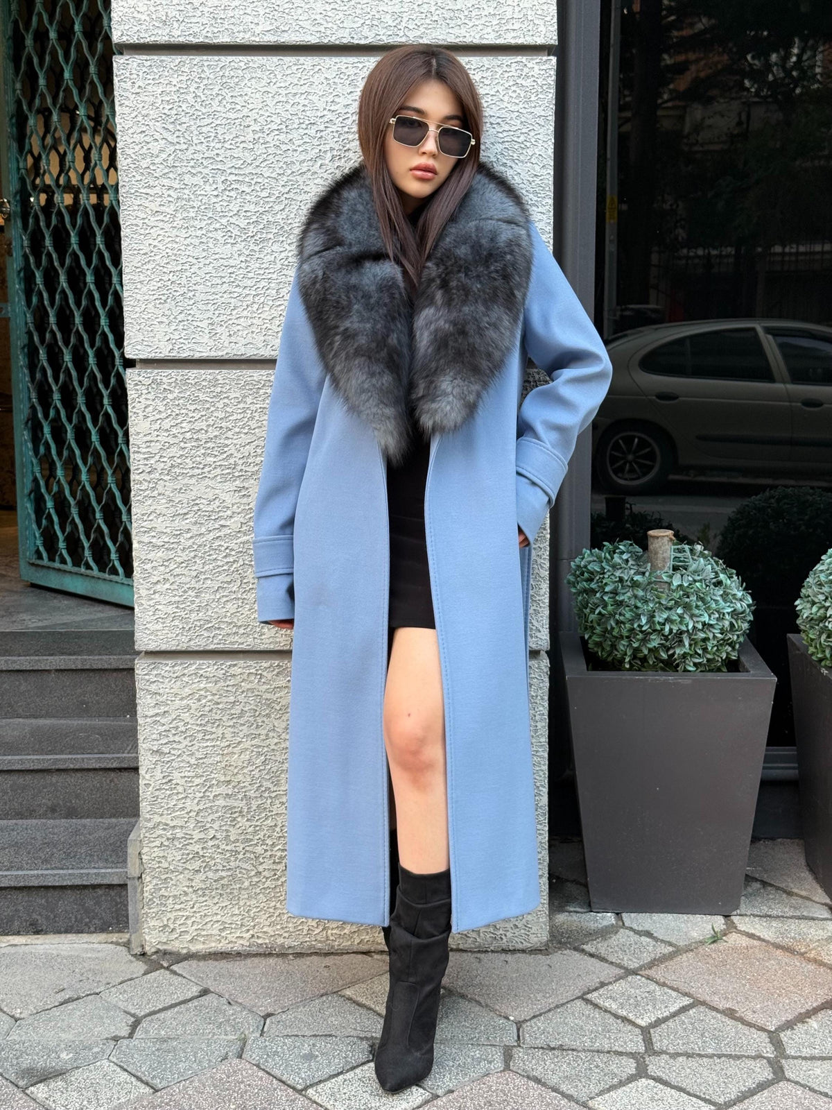 Sky Blue Luxury Cashmere Coat With Fox Fur Trim | Collar Fox Fur Coat | Handmade Plus Size Long Belted Wool Coat For Women, Fox Fur Coat