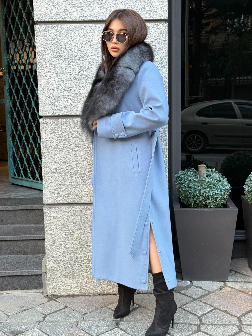 Sky Blue Luxury Cashmere Coat With Fox Fur Trim | Collar Fox Fur Coat | Handmade Plus Size Long Belted Wool Coat For Women, Fox Fur Coat
