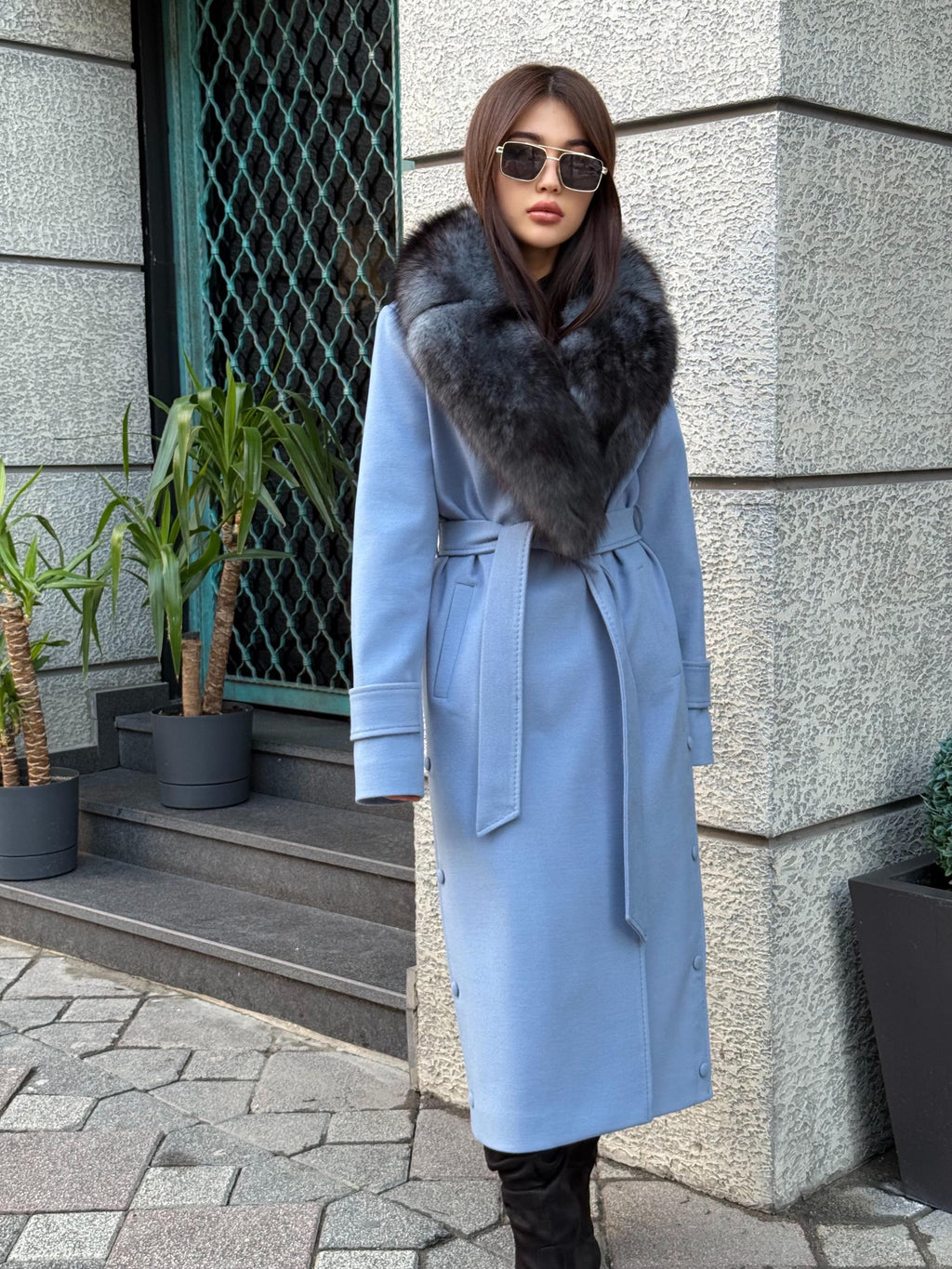 Sky Blue Luxury Cashmere Coat With Fox Fur Trim | Collar Fox Fur Coat | Handmade Plus Size Long Belted Wool Coat For Women, Fox Fur Coat