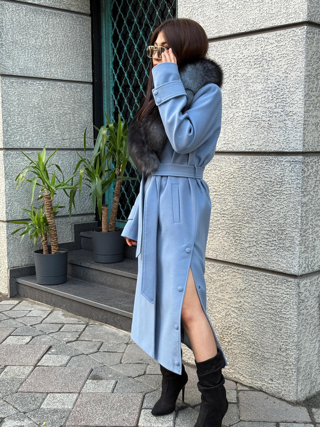 Sky Blue Luxury Cashmere Coat With Fox Fur Trim | Collar Fox Fur Coat | Handmade Plus Size Long Belted Wool Coat For Women, Fox Fur Coat