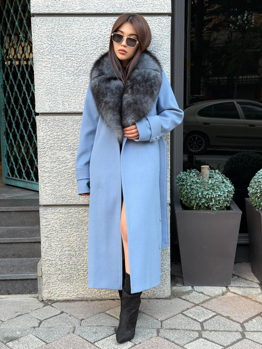 Sky Blue Luxury Cashmere Coat With Fox Fur Trim | Collar Fox Fur Coat | Handmade Plus Size Long Belted Wool Coat For Women, Fox Fur Coat