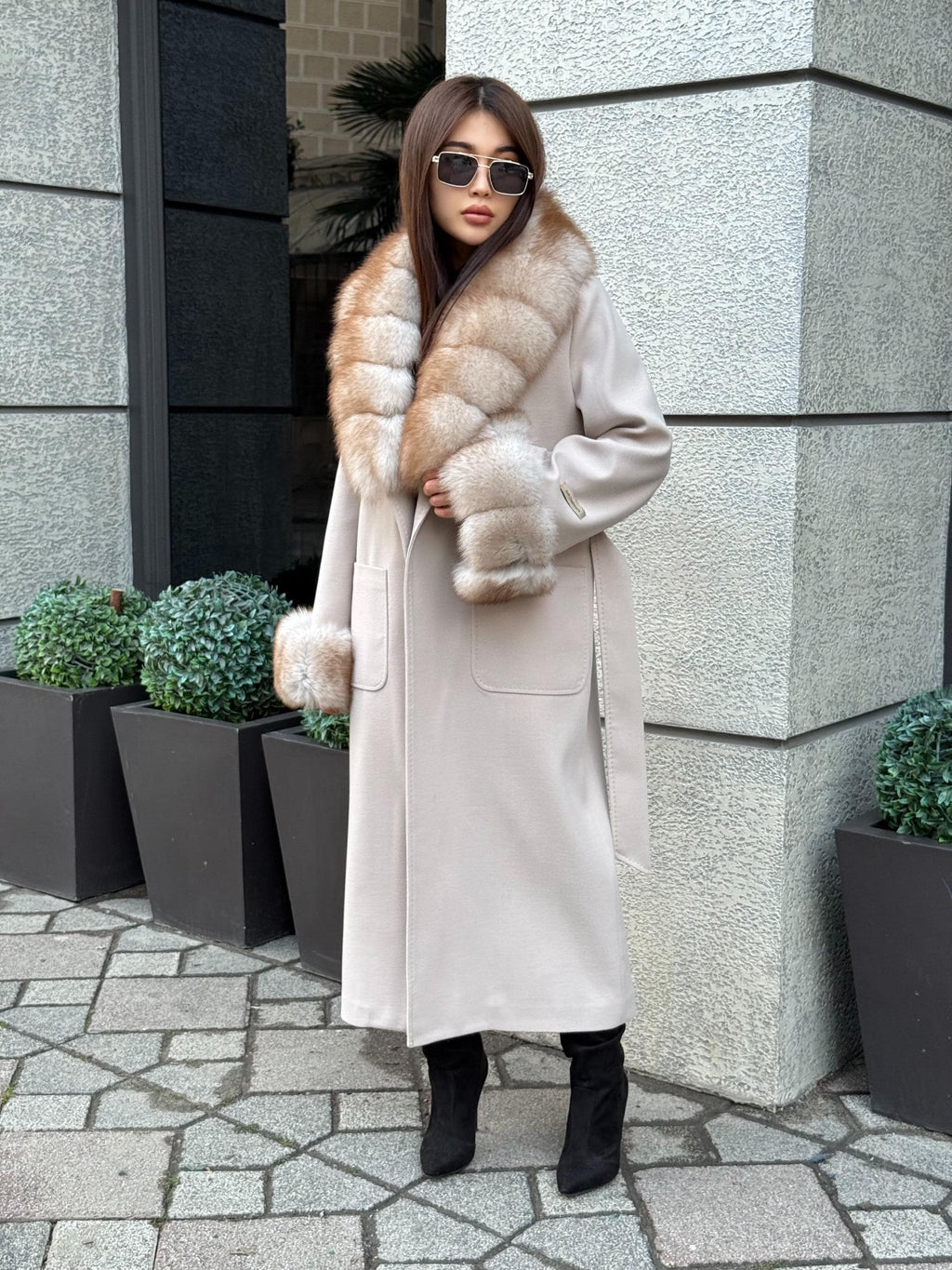 Beige Long Cashmere Blend Coat . Womens Collar & Cuffs - Huge Fox Fur Jacket