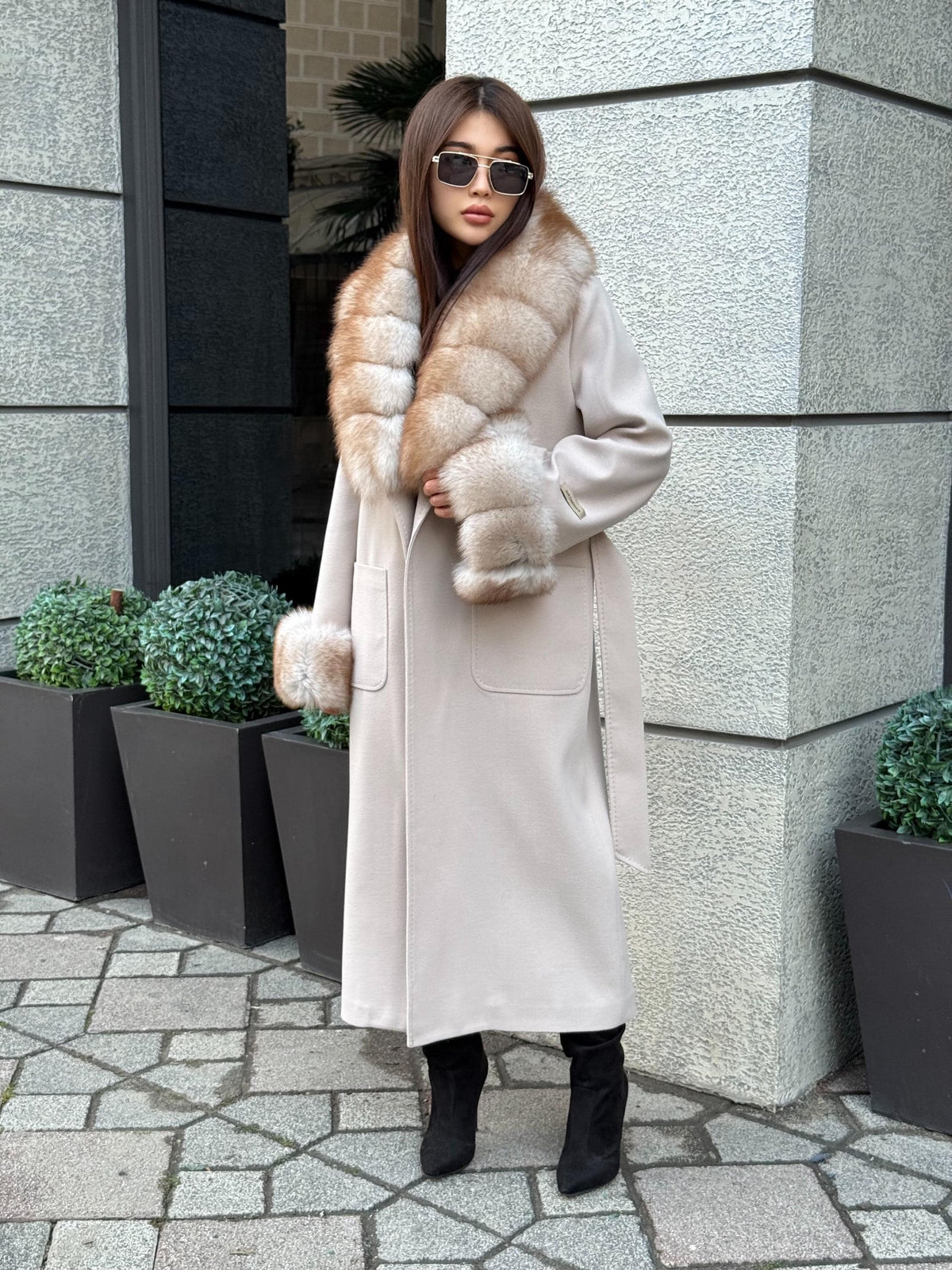 Beige Long Cashmere Blend Coat . Womens Collar & Cuffs - Huge Fox Fur Jacket