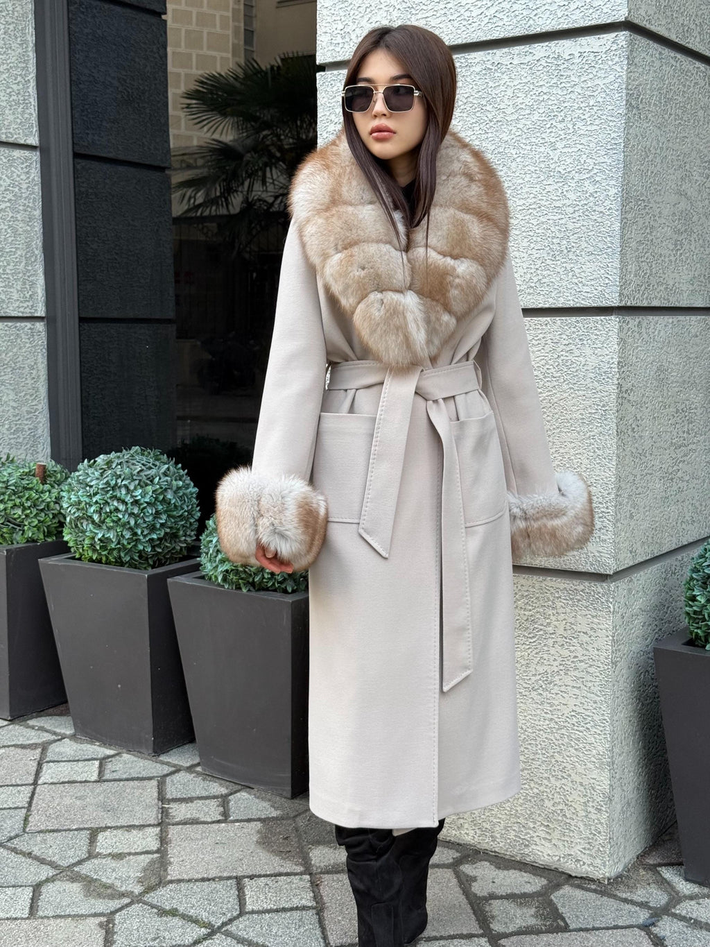 Beige Long Cashmere Blend Coat . Womens Collar & Cuffs - Huge Fox Fur Jacket