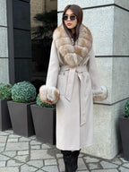 Beige Long Cashmere Blend Coat . Womens Collar & Cuffs - Huge Fox Fur Jacket
