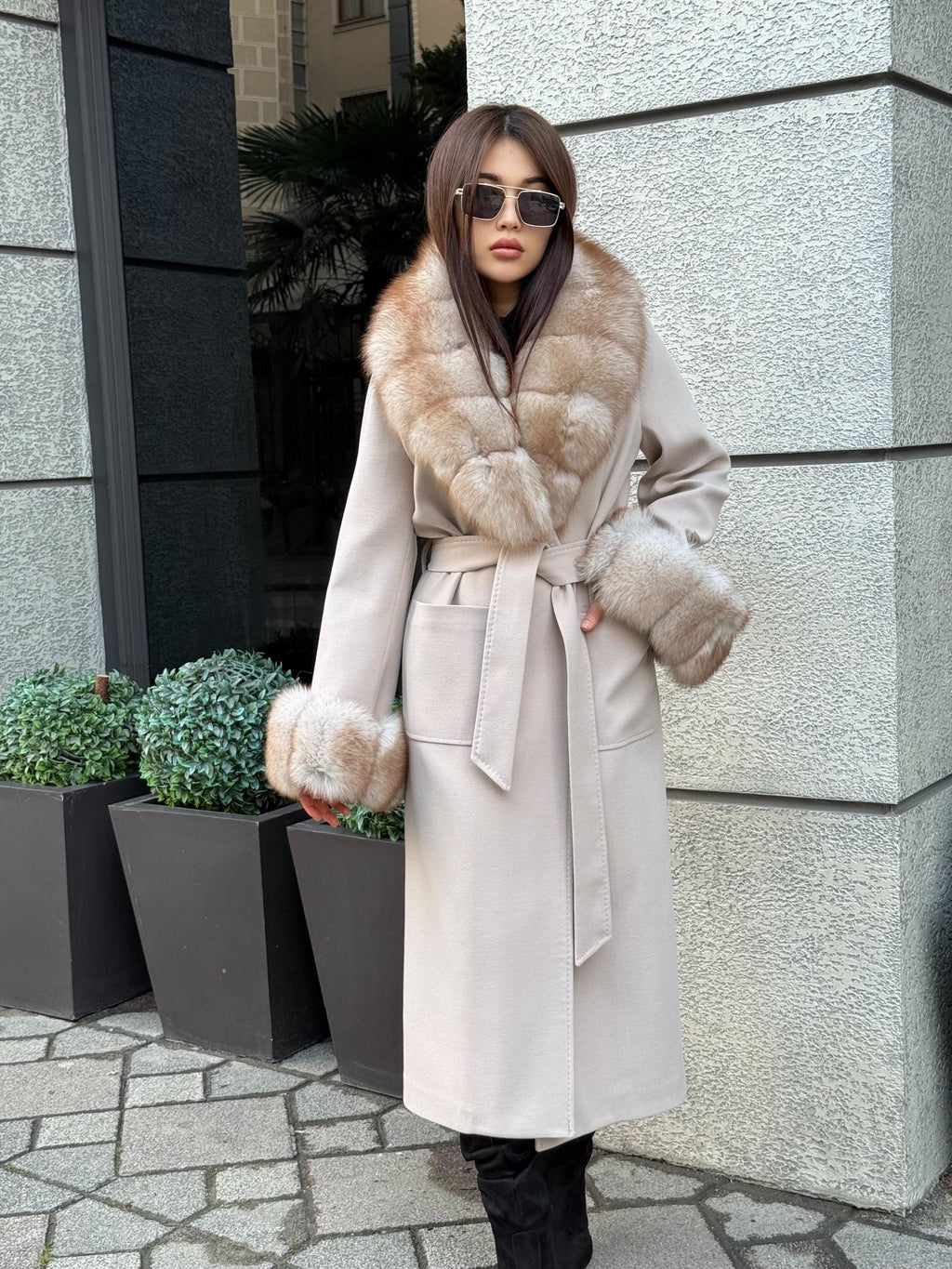 Beige Long Cashmere Blend Coat . Womens Collar & Cuffs - Huge Fox Fur Jacket