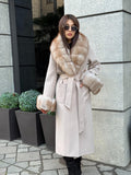 Beige Long Cashmere Blend Coat . Womens Collar & Cuffs - Huge Fox Fur Jacket
