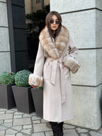 Beige Long Cashmere Blend Coat . Womens Collar & Cuffs - Huge Fox Fur Jacket