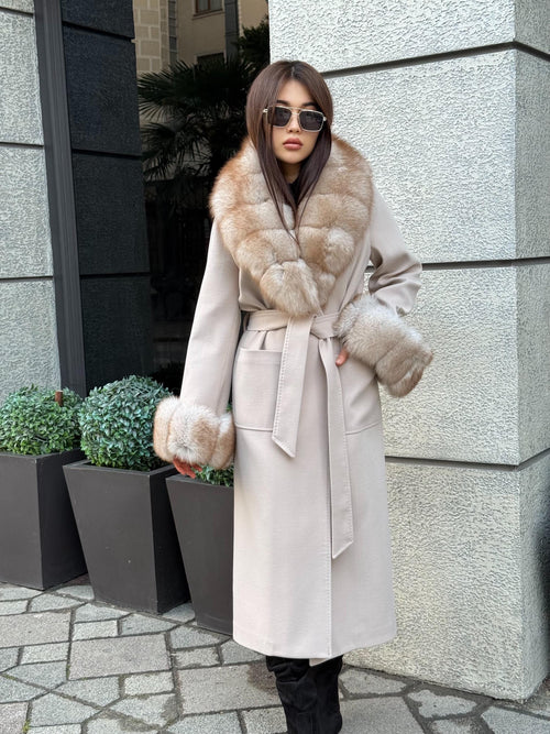 Beige Long Cashmere Blend Coat . Womens Collar & Cuffs - Huge Fox Fur Jacket