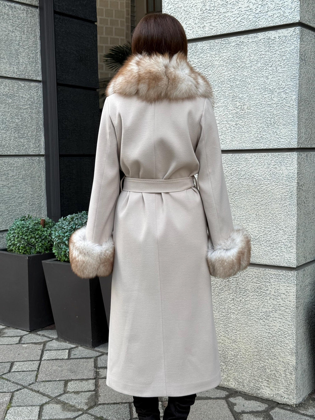 Beige Long Cashmere Blend Coat . Womens Collar & Cuffs - Huge Fox Fur Jacket