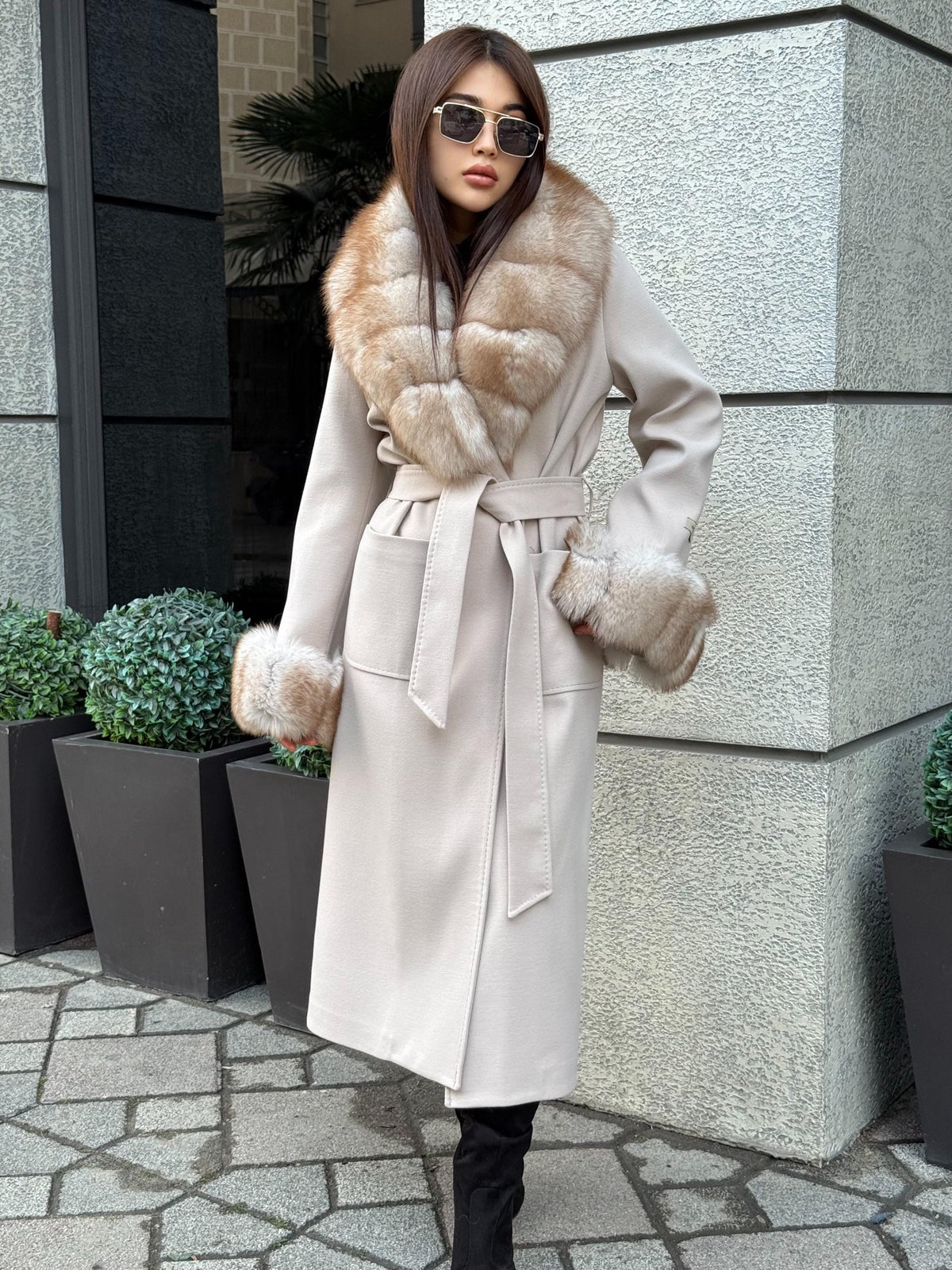 Beige Long Cashmere Blend Coat . Womens Collar & Cuffs - Huge Fox Fur Jacket