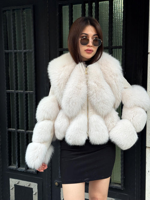 Beige Fox Fur Jacket with Leather | Women’s Luxury Handmade Fur Coat