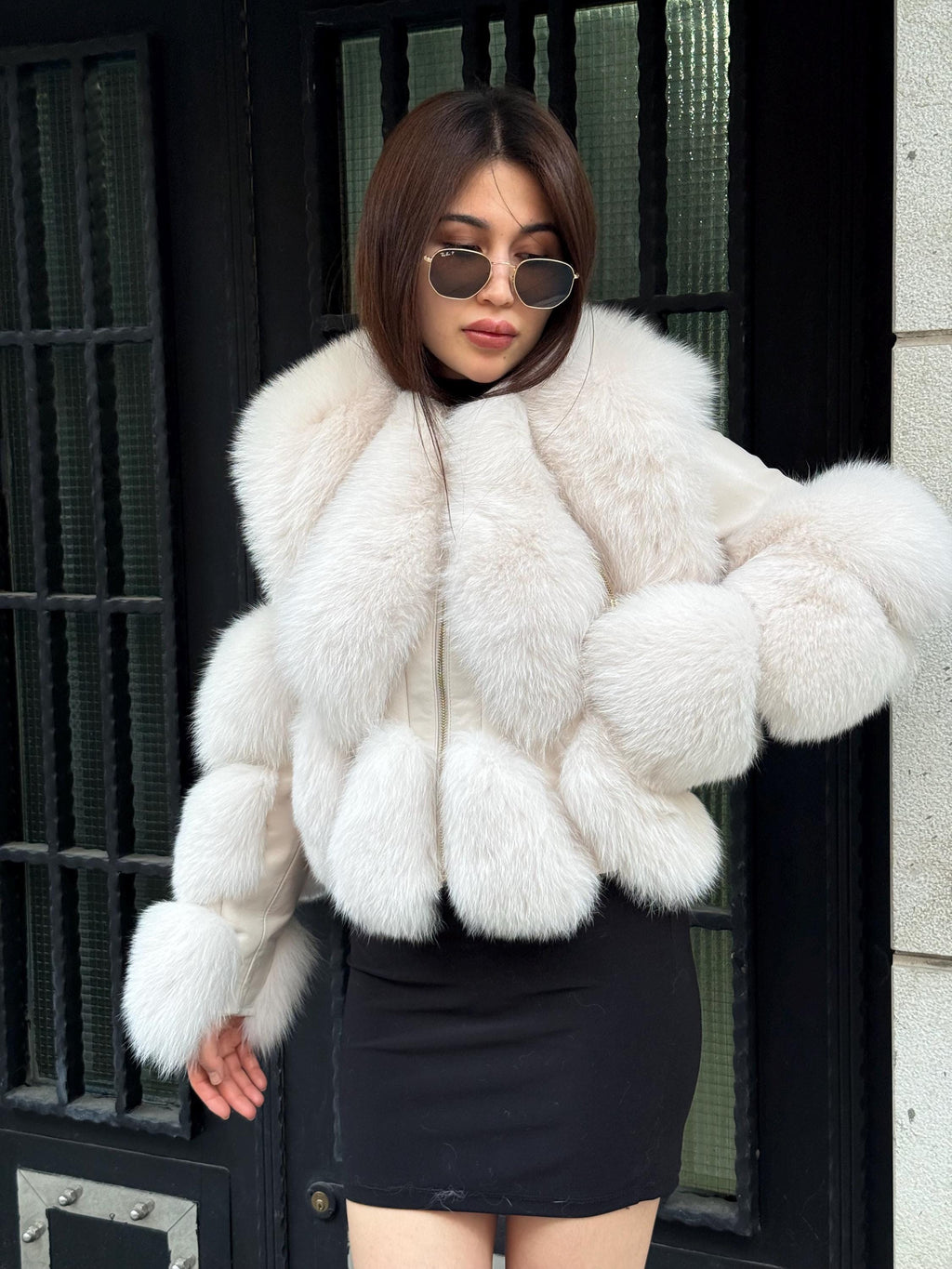 Beige Fox Fur Jacket with Leather | Women’s Luxury Handmade Fur Coat