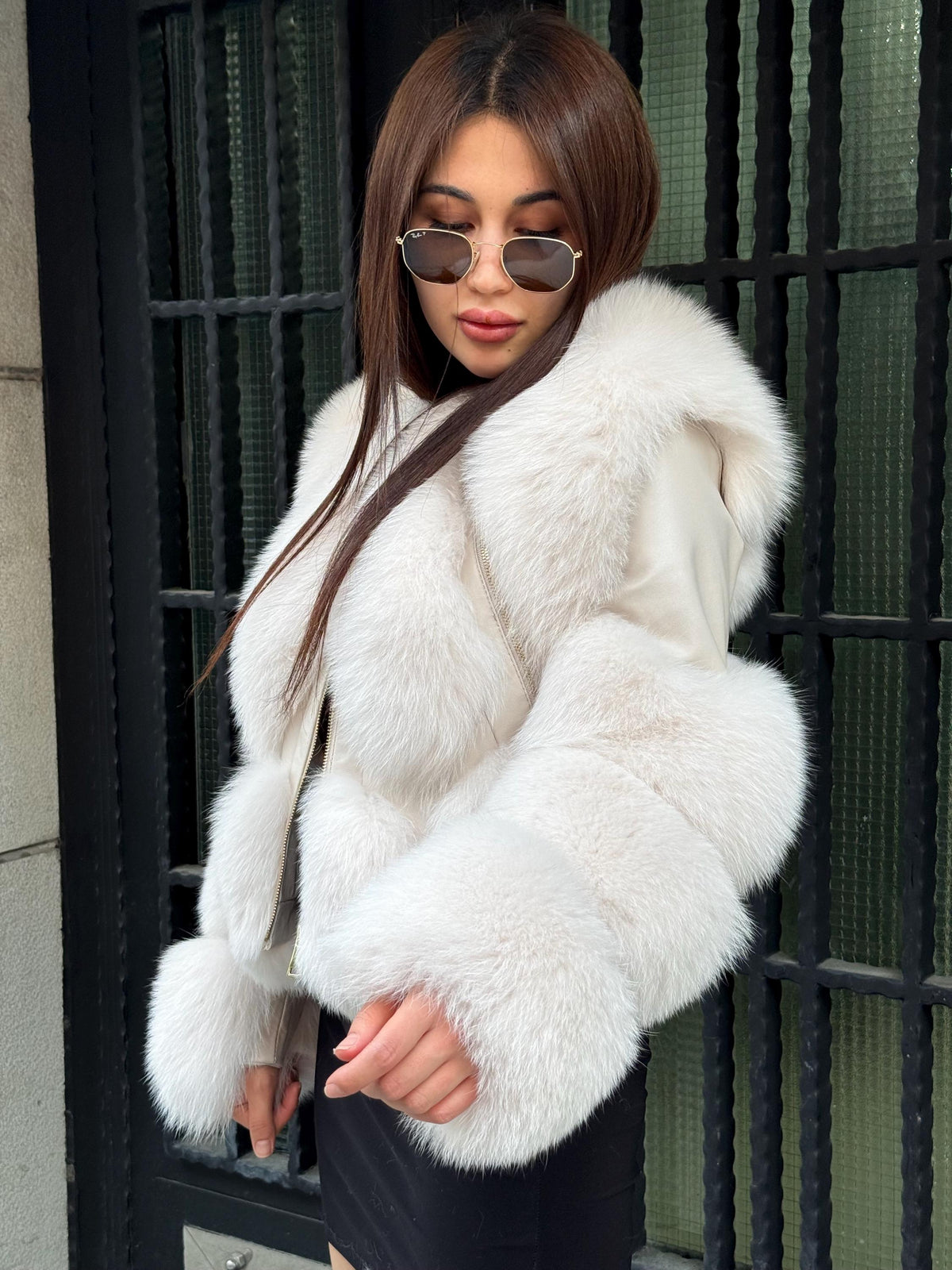 Beige Fox Fur Jacket with Leather | Women’s Luxury Handmade Fur Coat