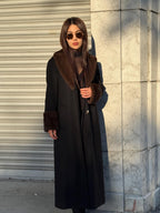 Black Long Zibellino Alpaca Coat, Womens Handmade Collar cuffs Mink Fur Virgin Wool Jacket