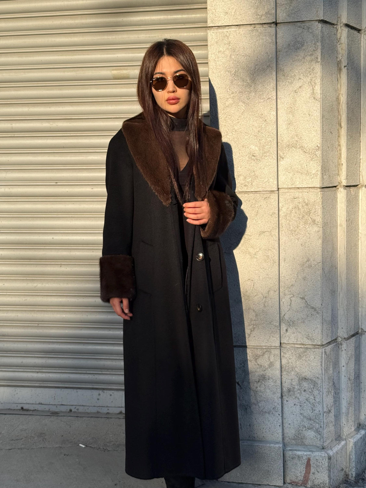 Black Long Zibellino Alpaca Coat, Womens Handmade Collar cuffs Mink Fur Virgin Wool Jacket