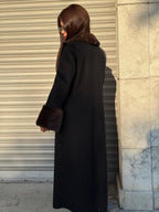 Black Long Zibellino Alpaca Coat, Womens Handmade Collar cuffs Mink Fur Virgin Wool Jacket