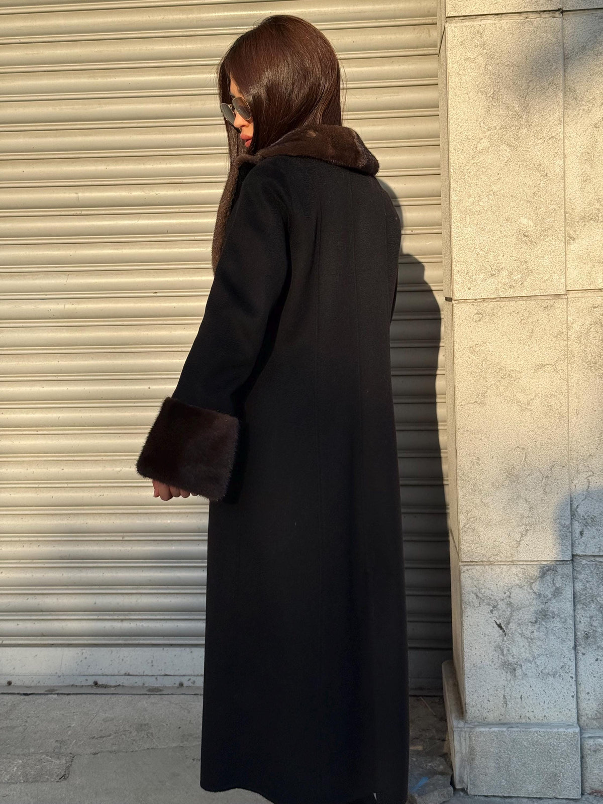 Black Long Zibellino Alpaca Coat, Womens Handmade Collar cuffs Mink Fur Virgin Wool Jacket