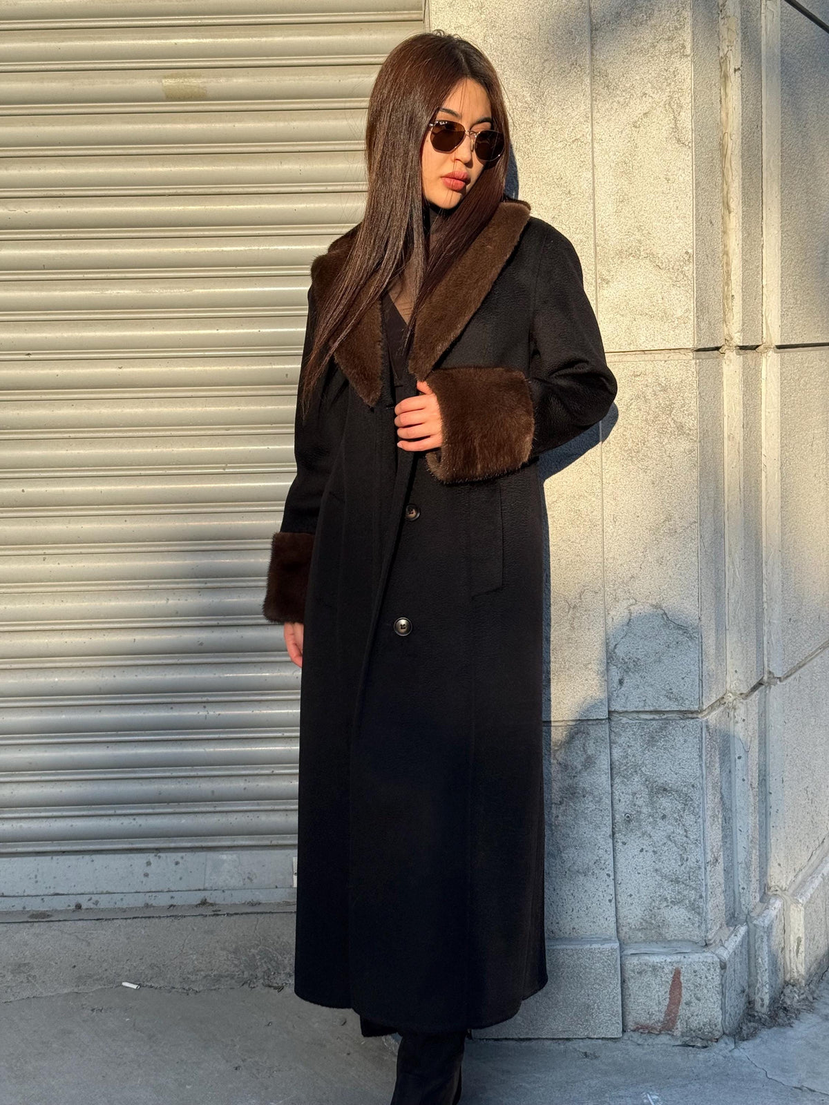 Black Long Zibellino Alpaca Coat, Womens Handmade Collar cuffs Mink Fur Virgin Wool Jacket