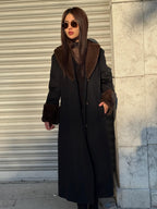 Black Long Zibellino Alpaca Coat, Womens Handmade Collar cuffs Mink Fur Virgin Wool Jacket