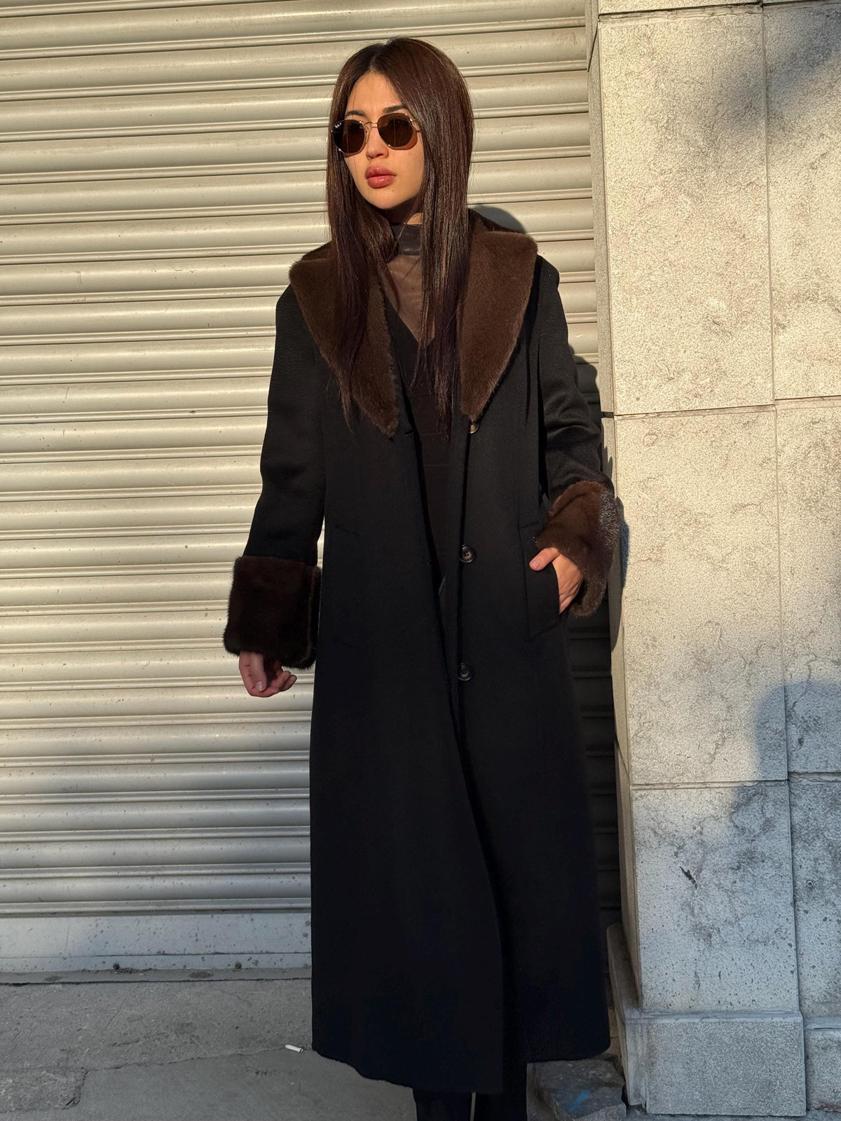 Black Long Zibellino Alpaca Coat, Womens Handmade Collar cuffs Mink Fur Virgin Wool Jacket