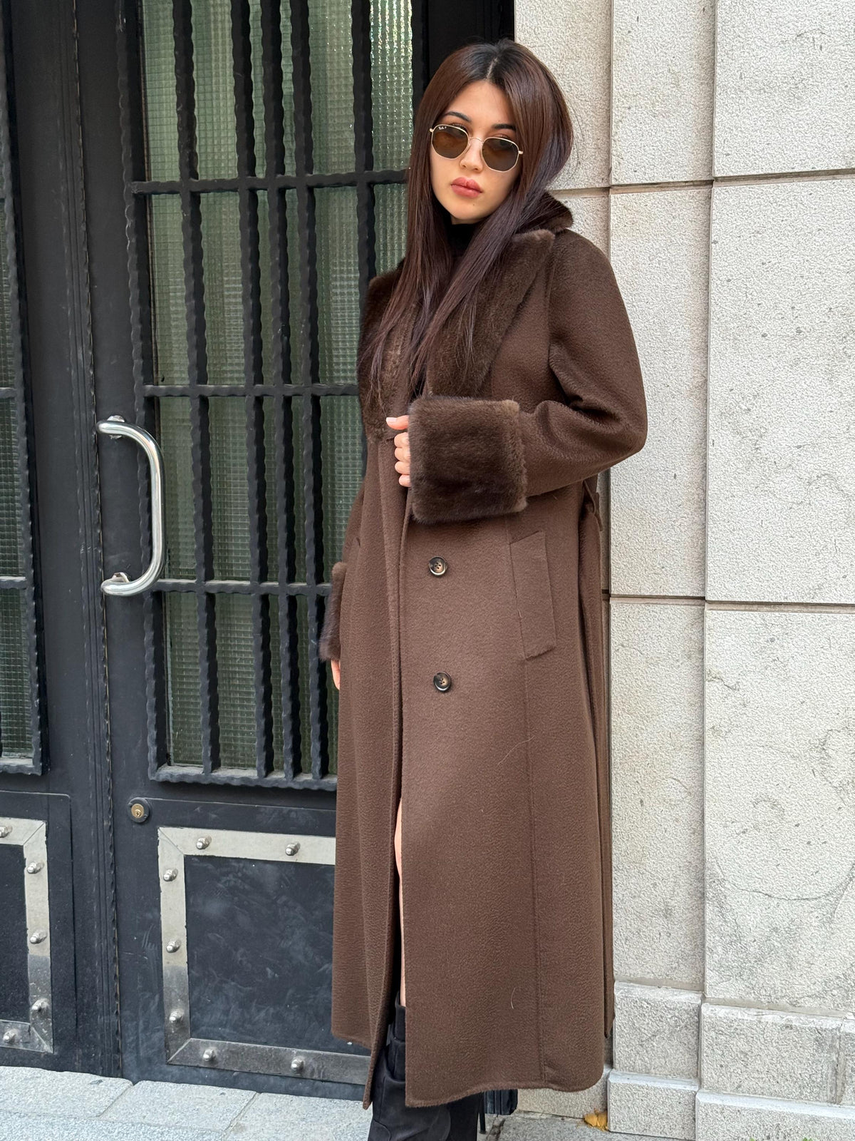 Luxury Brown Long Zibellino Alpaca Coat, Women’s Collar & Cuffs Mink Fur Trim Virgin Wool Jacket