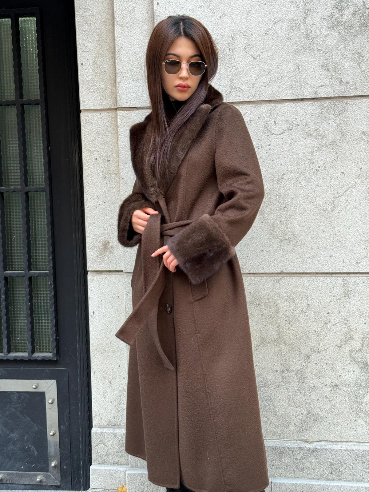 Luxury Brown Long Zibellino Alpaca Coat, Women’s Collar & Cuffs Mink Fur Trim Virgin Wool Jacket