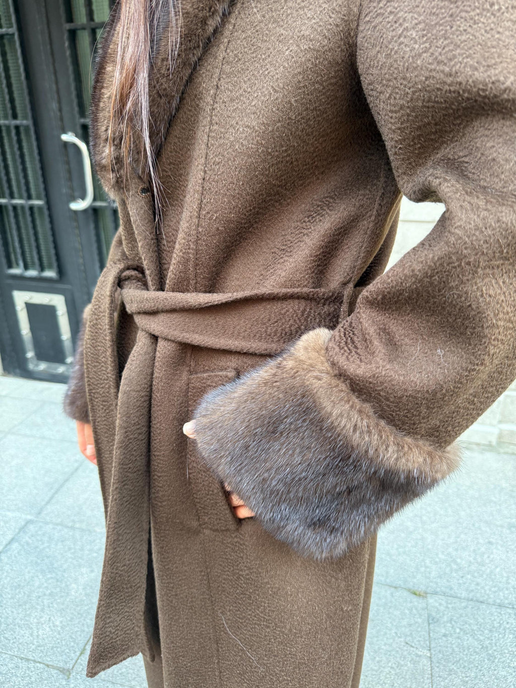 Luxury Brown Long Zibellino Alpaca Coat, Women’s Collar & Cuffs Mink Fur Trim Virgin Wool Jacket