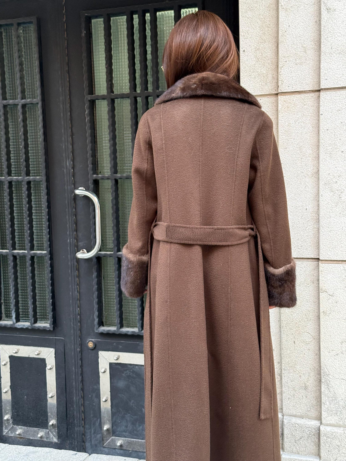 Luxury Brown Long Zibellino Alpaca Coat, Women’s Collar & Cuffs Mink Fur Trim Virgin Wool Jacket