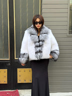 Luxury Shadow White Fox Fur Jacket | Handmade Women Arctic Fur Short Coat