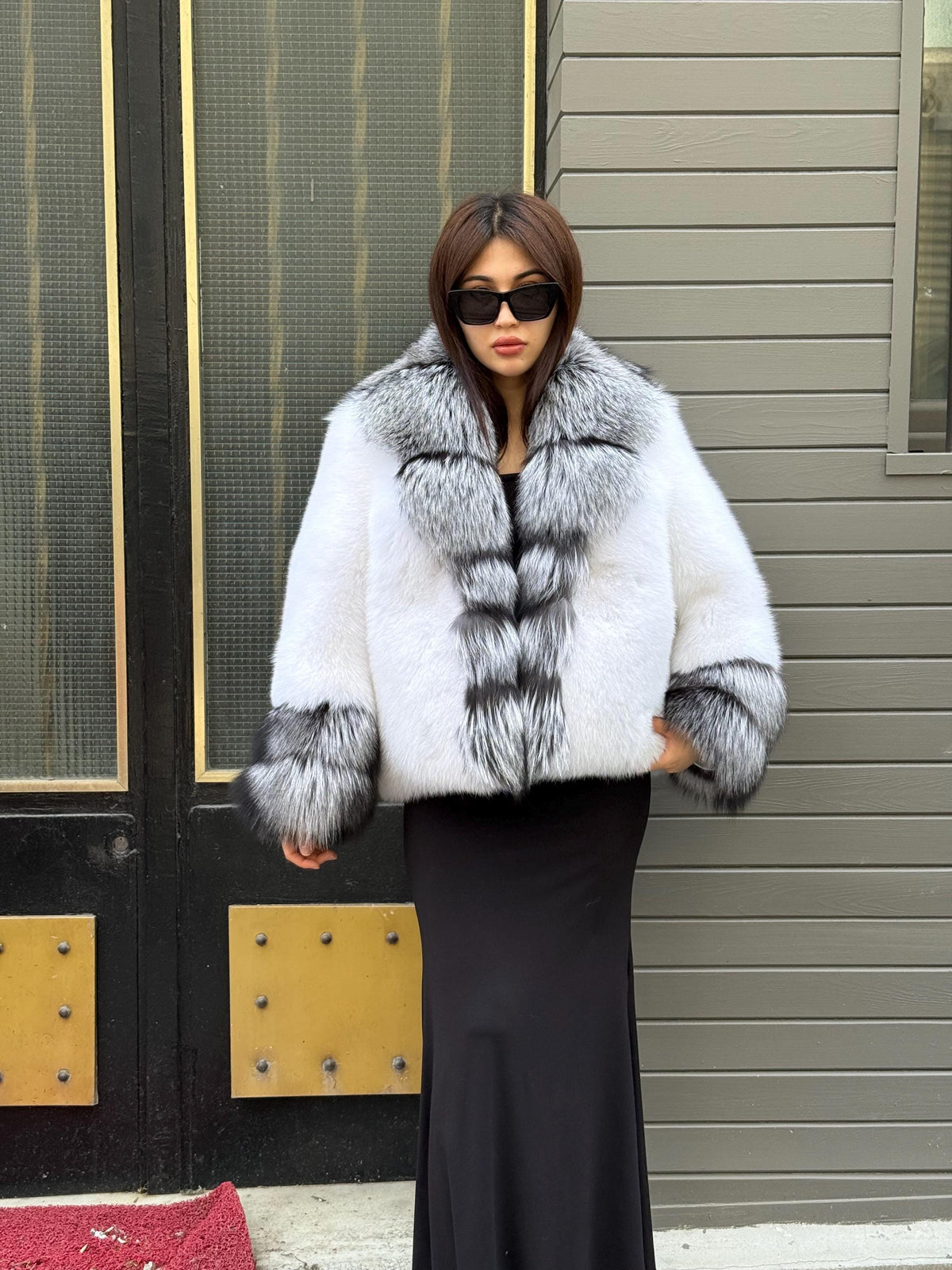Luxury Shadow White Fox Fur Jacket | Handmade Women Arctic Fur Short Coat