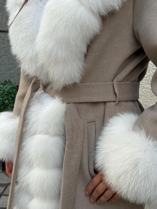 Beige Long Cashmere Blend Coat With Fox Fur Trim. Womens Front & Cuffs - Arctic Fox Fur Coat