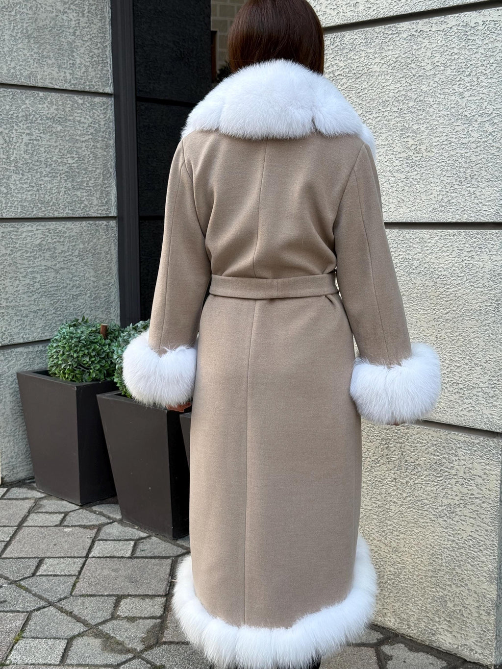 Beige Long Cashmere Blend Coat With Fox Fur Trim. Womens Front & Cuffs - Arctic Fox Fur Coat